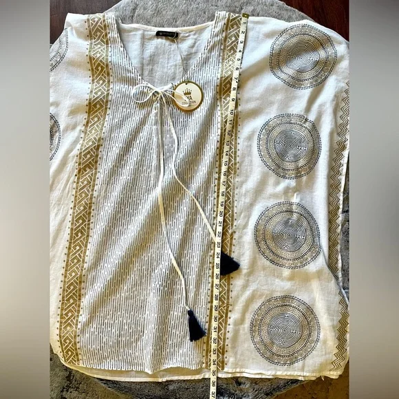 NWT Eya Collection White Tunic Gauzy Coverup, Gold & Blue Mediterranean Print - Picture 10 of 13